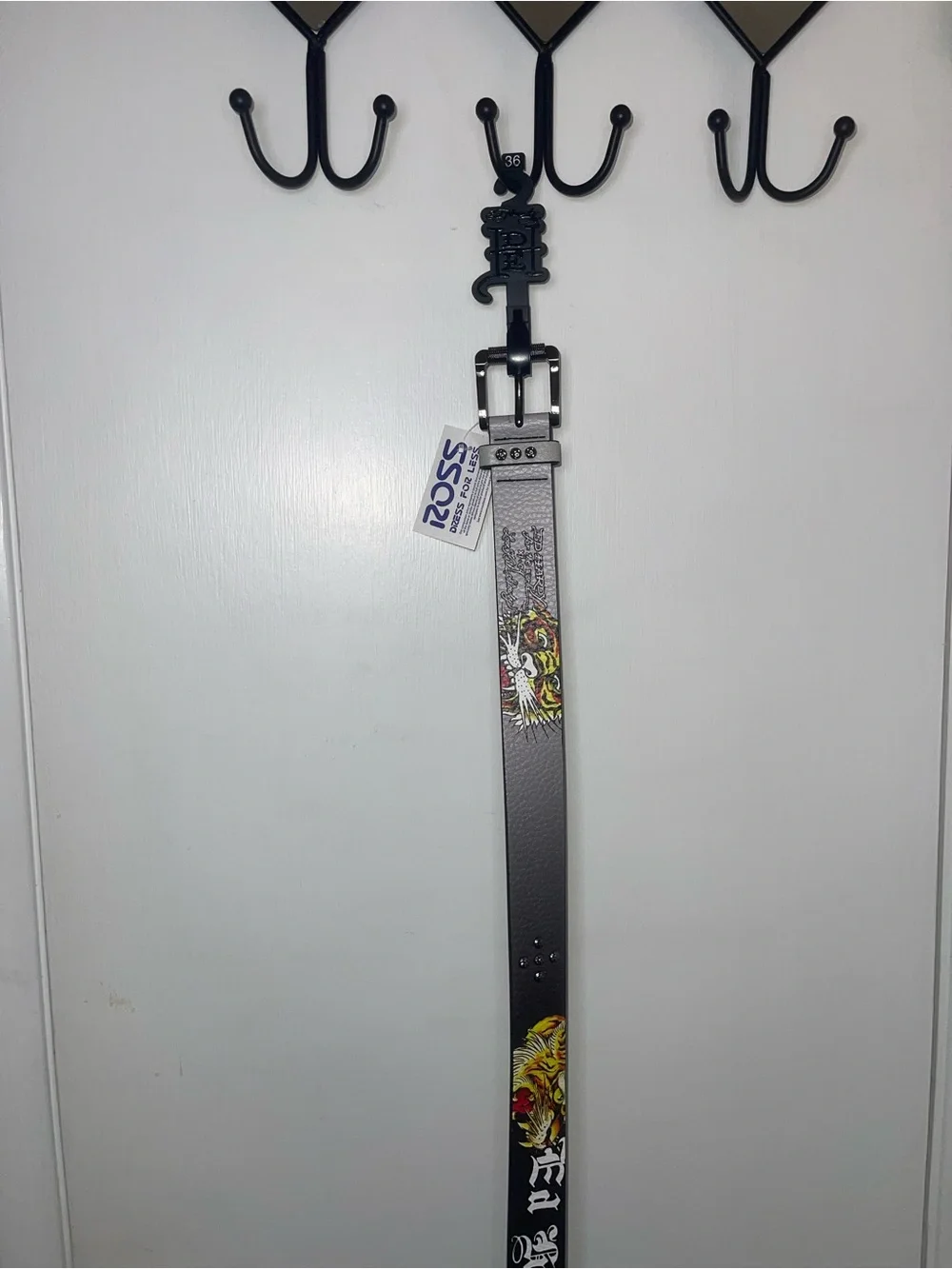 NWT Ed Hardy Men's Silver Graphic Leather Belt